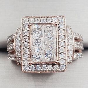 18k Rose Gold - 925 Sterling Silver Diamond Simulants Statement Cluster Ring